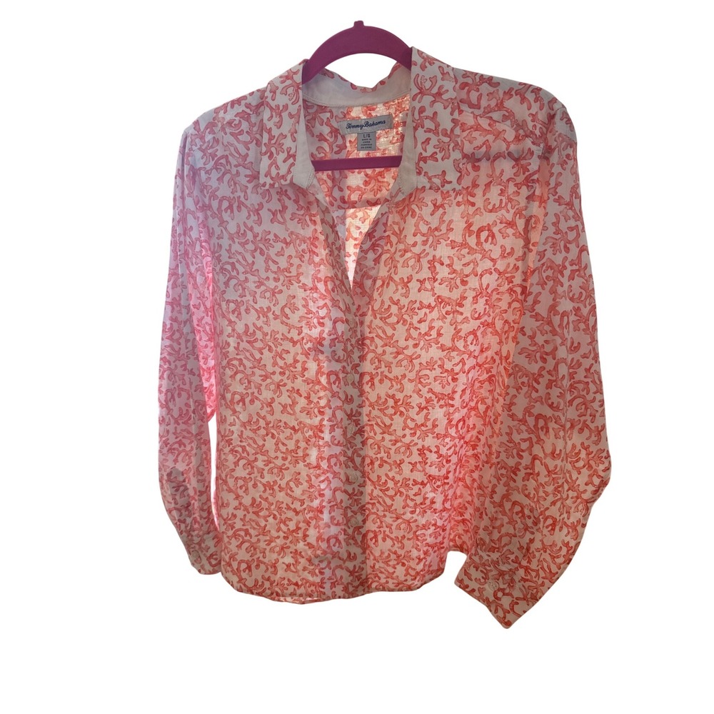 Tommy Bahama Womens Large Linen Blend Coral Reef Print Button Up Shirt Orange. L - Picture 8 of 12